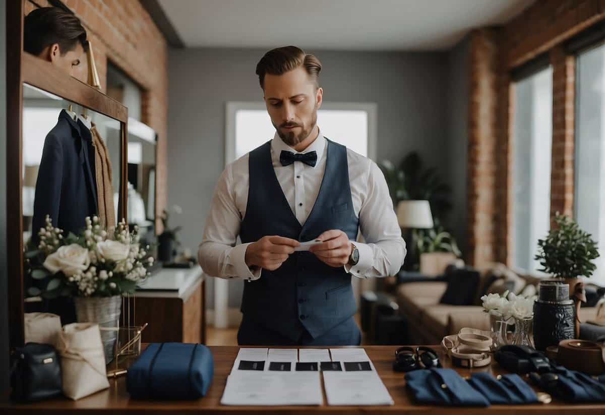 The groom receives a list of tasks: tie adjustments, ring holding, and speech preparation. He stands in front of a mirror, surrounded by suits and wedding accessories
