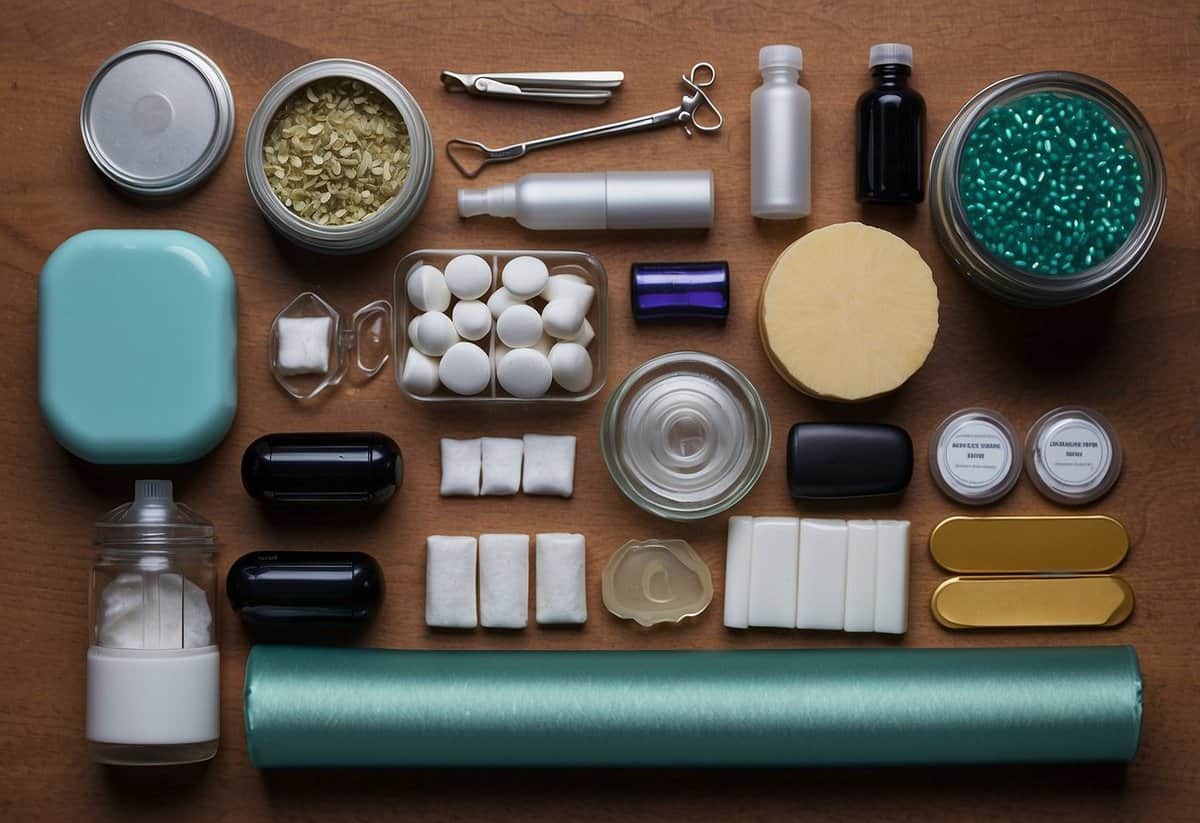 A table displays a kit with essentials: sewing kit, stain remover, breath mints, and grooming tools