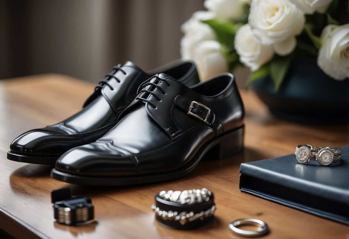 Groom's suit laid out with tie and cufflinks, polished shoes beside. Watch and cologne on dresser, wedding vows and ring box ready