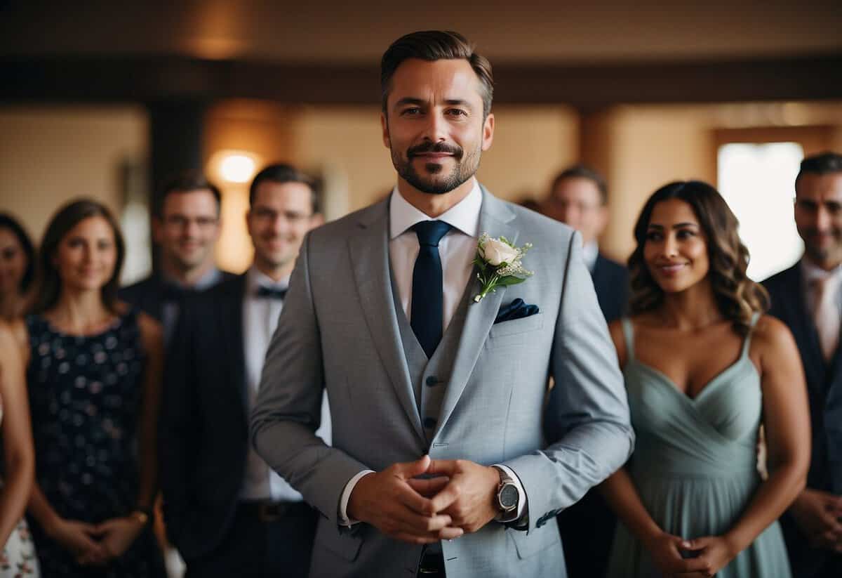 A groom standing confidently, surrounded by supportive friends and family, taking deep breaths and practicing mindfulness to manage wedding day stress