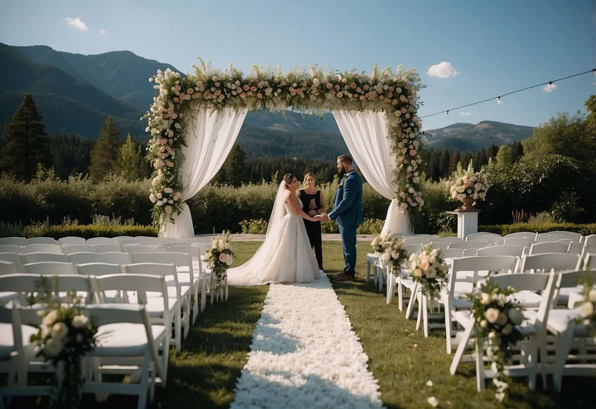 A bride and groom standing under a floral arch exchanging vows while guests sit in rows of white chairs. A pastor or officiant stands in front of them, and the scene is set outdoors with a blue sky and greenery in the background