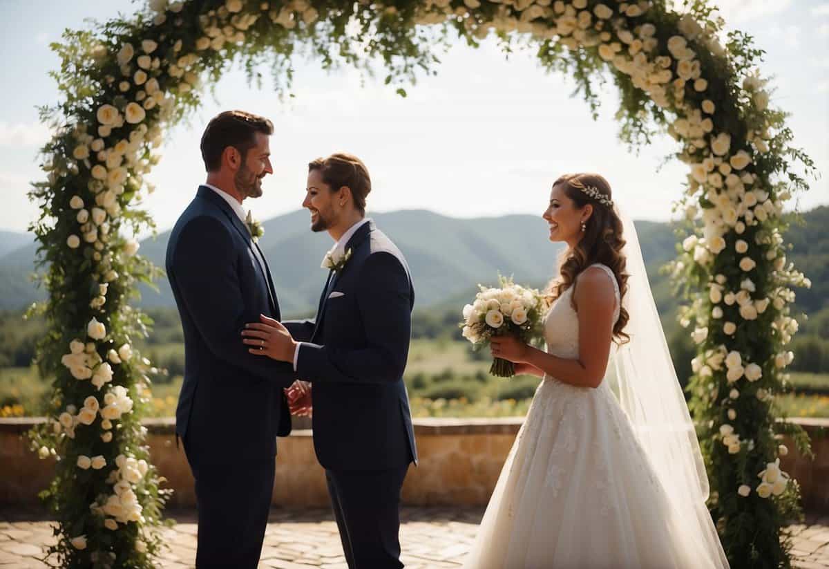 A bride and groom exchange rings under a floral arch at a romantic outdoor wedding ceremony