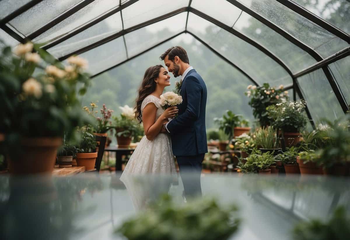 A couple stands under a clear tent, surrounded by lush greenery. Raindrops patter softly on the transparent roof, while guests look on with smiles, enjoying the cozy atmosphere