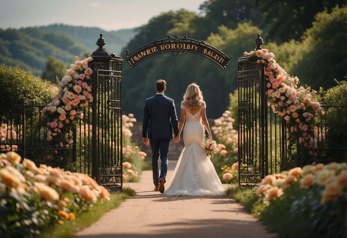 A couple walks down a flower-lined path to a grand, ornate gate with their names and wedding date displayed in elegant calligraphy
