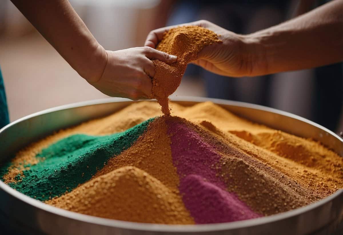 A couple pours different colored sands into a single container, symbolizing their unity and the blending of their lives in a wedding ceremony