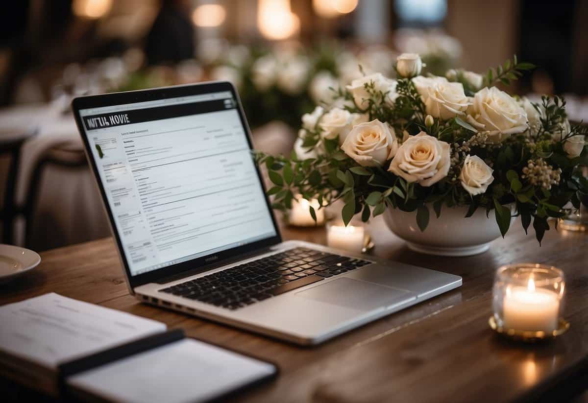 A table adorned with wedding planning books, floral arrangements, and a checklist. A laptop open to a wedding website, surrounded by pens and notepads