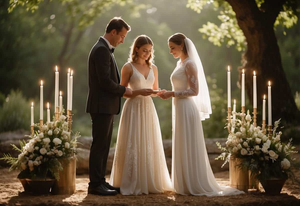 A couple standing at an altar, surrounded by nature. A personalized ceremony script in hand, with symbolic elements like a unity candle or sand ceremony set