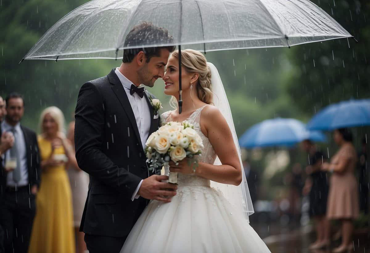 A bride and groom stand under a white canopy as rain pours down, surrounded by umbrellas and puddles. Flowers droop, and guests huddle under shelter