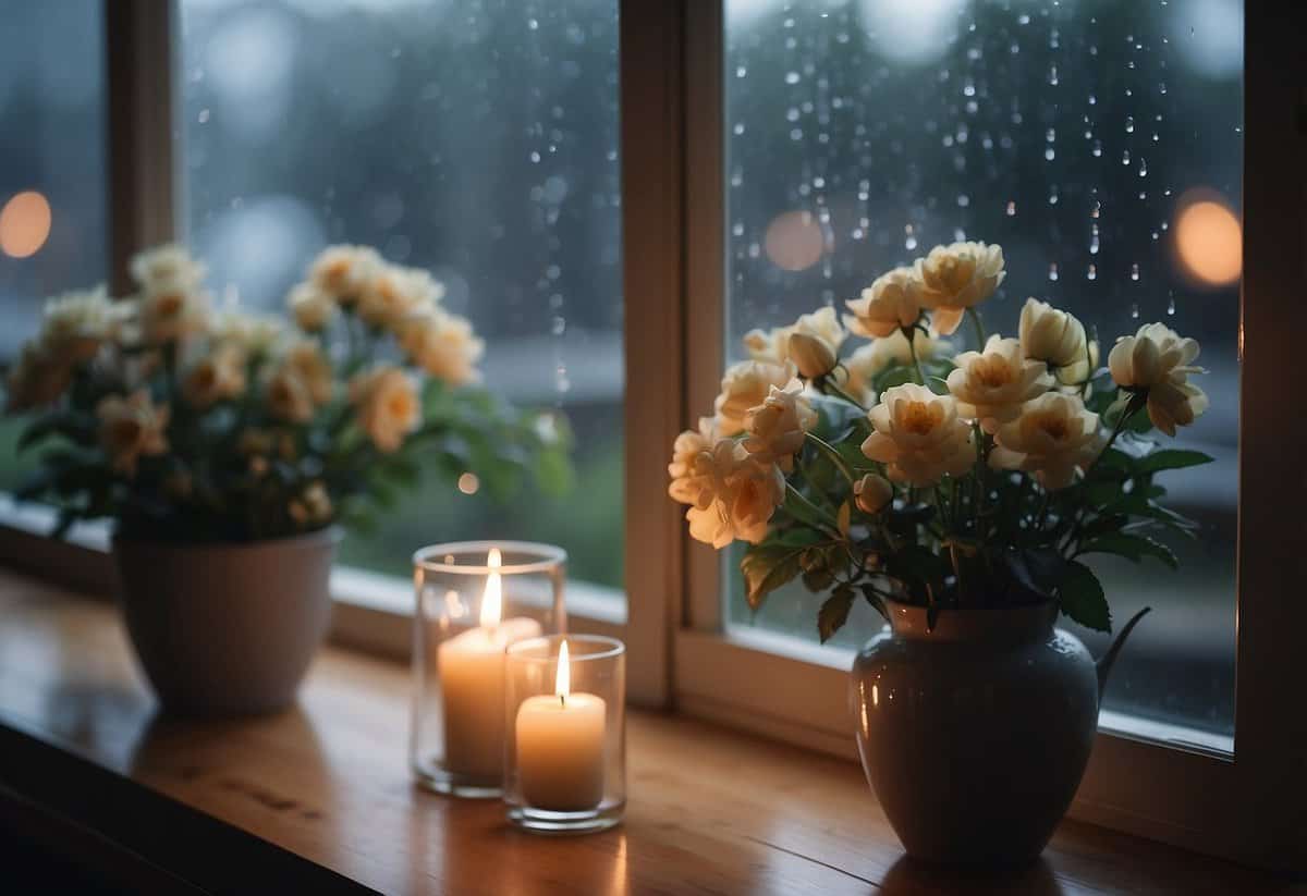 A cozy indoor setting with soft lighting, elegant floral arrangements, and a romantic backdrop of raindrops on a window