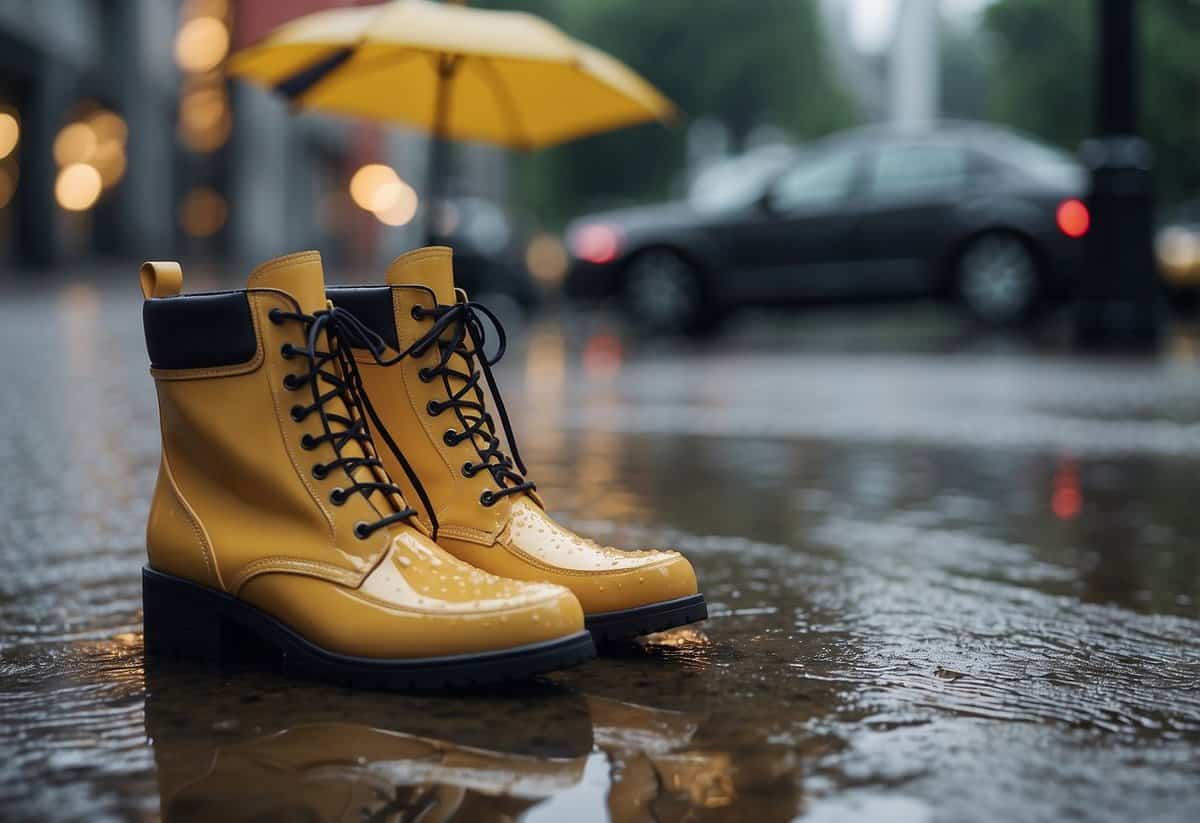 A pair of elegant heels sits on a table next to a compact umbrella and a pair of stylish rain boots. The scene is set against a rainy backdrop, with puddles and raindrops visible outside