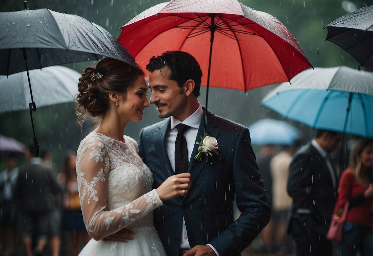 A rainy wedding day with designated dry out zones for umbrellas and wet clothing