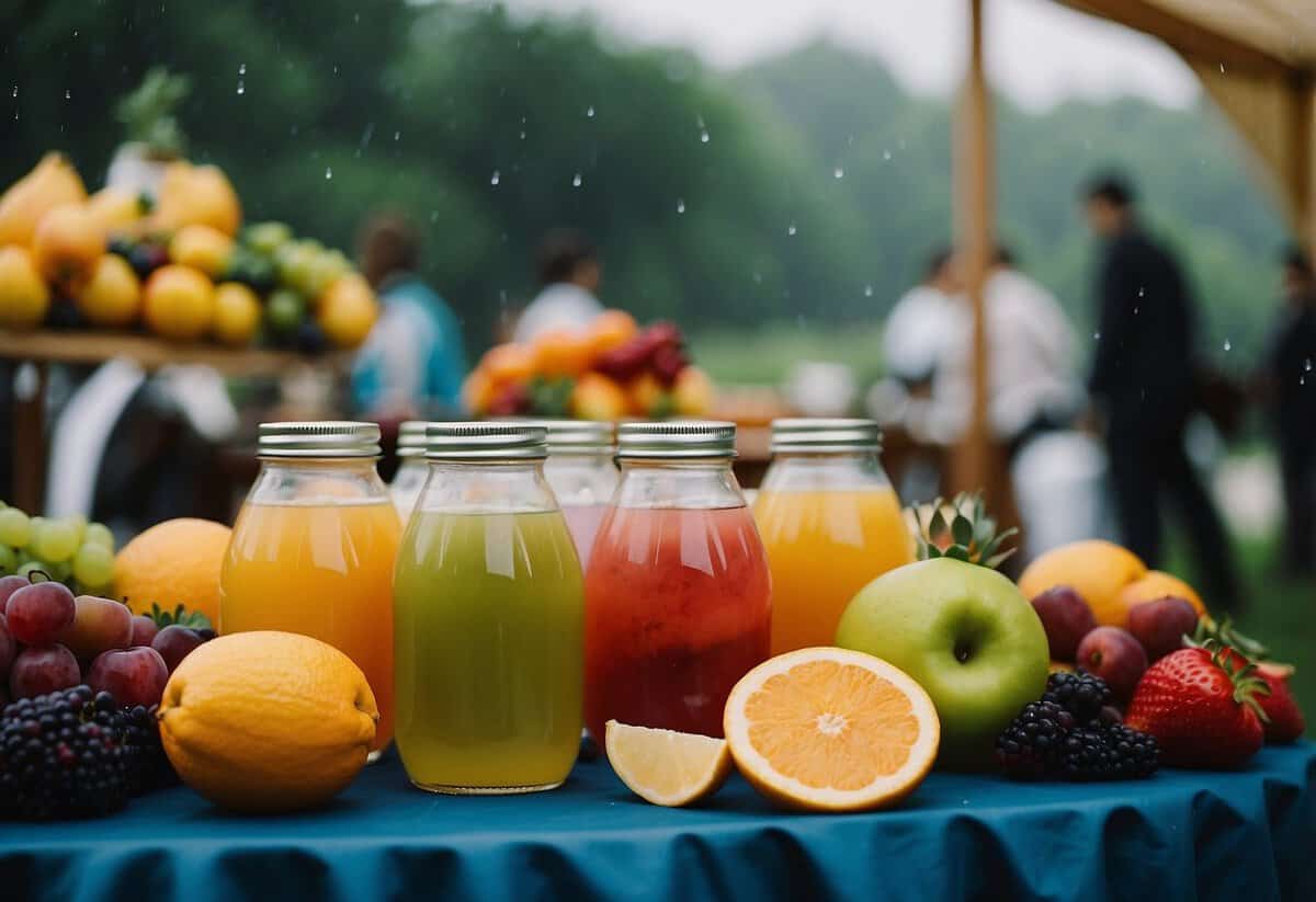 A table with assorted fruits and water bottles under a tent on a rainy wedding day