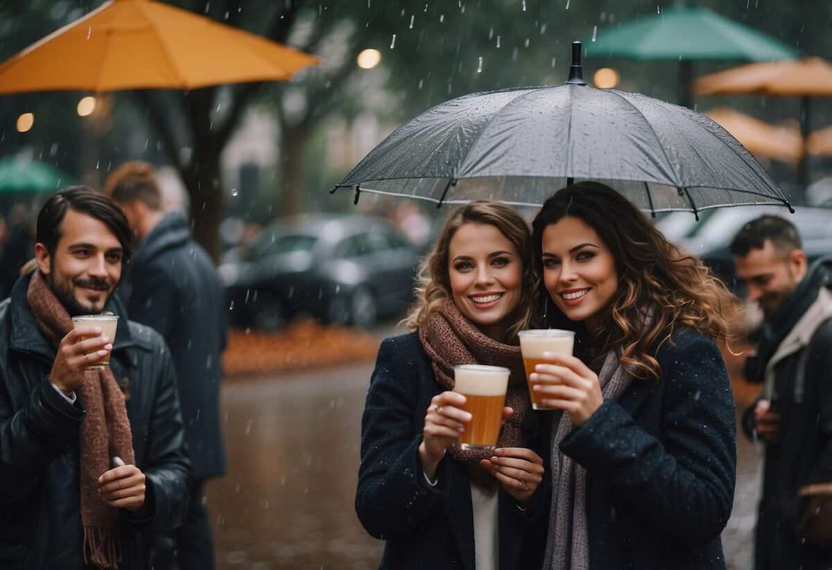 Guests wearing cozy shawls on a rainy wedding day, huddling together under umbrellas while sipping warm drinks