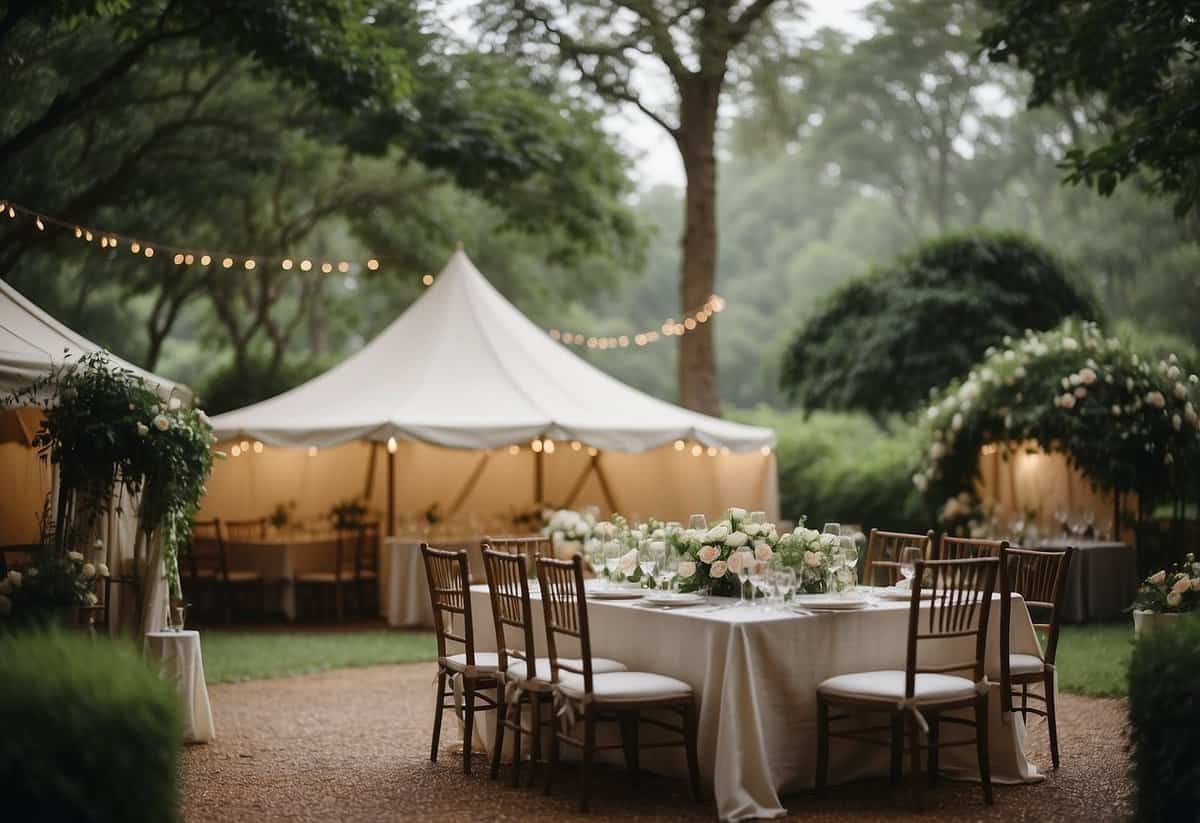 A tent set up in a lush green garden, raindrops patter on the canvas. Tables adorned with white linens and delicate flowers, as guests huddle under the shelter, sipping champagne