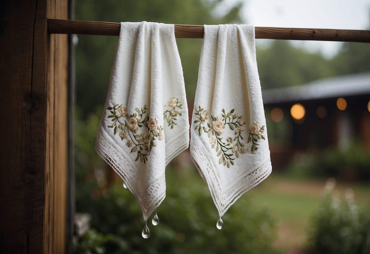 Two personalized towels hang from a rustic wooden rack, adorned with delicate embroidery. Raindrops patter against the window, creating a cozy atmosphere for a rainy wedding day