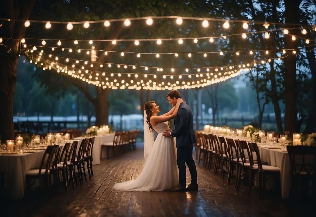 A dimly lit outdoor wedding scene with string lights hanging from trees, creating a warm and cozy ambiance despite the rainy weather