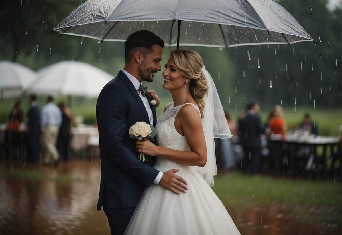 A bride and groom stand under a clear umbrella, surrounded by raindrops. Nearby, a tent is set up for the ceremony, with backup plans in place for the rainy wedding day