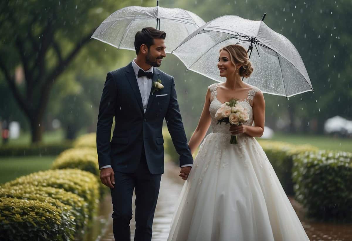 A bride and groom standing under a clear umbrella, raindrops falling around them, with soft natural lighting creating a romantic atmosphere