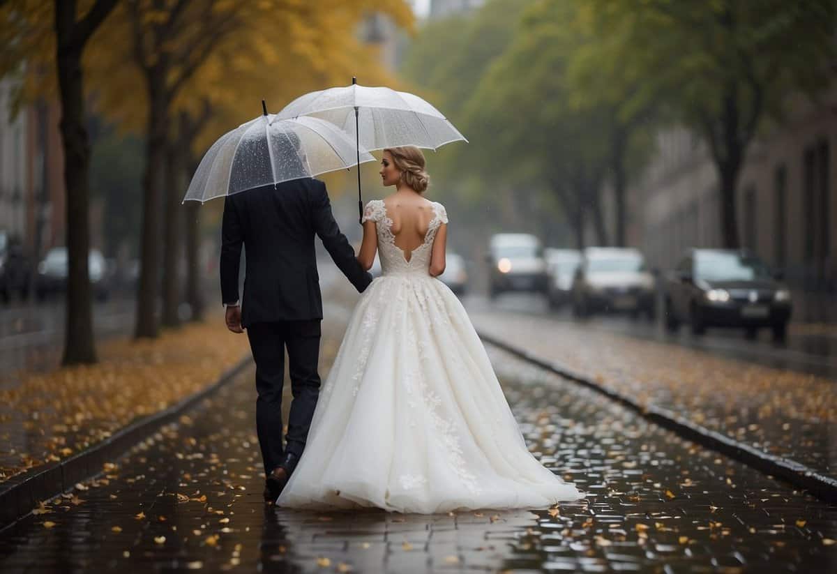 A bride's white dress with a lace umbrella, groom in a dark suit, raindrops on petals and leaves, puddles on cobblestone path