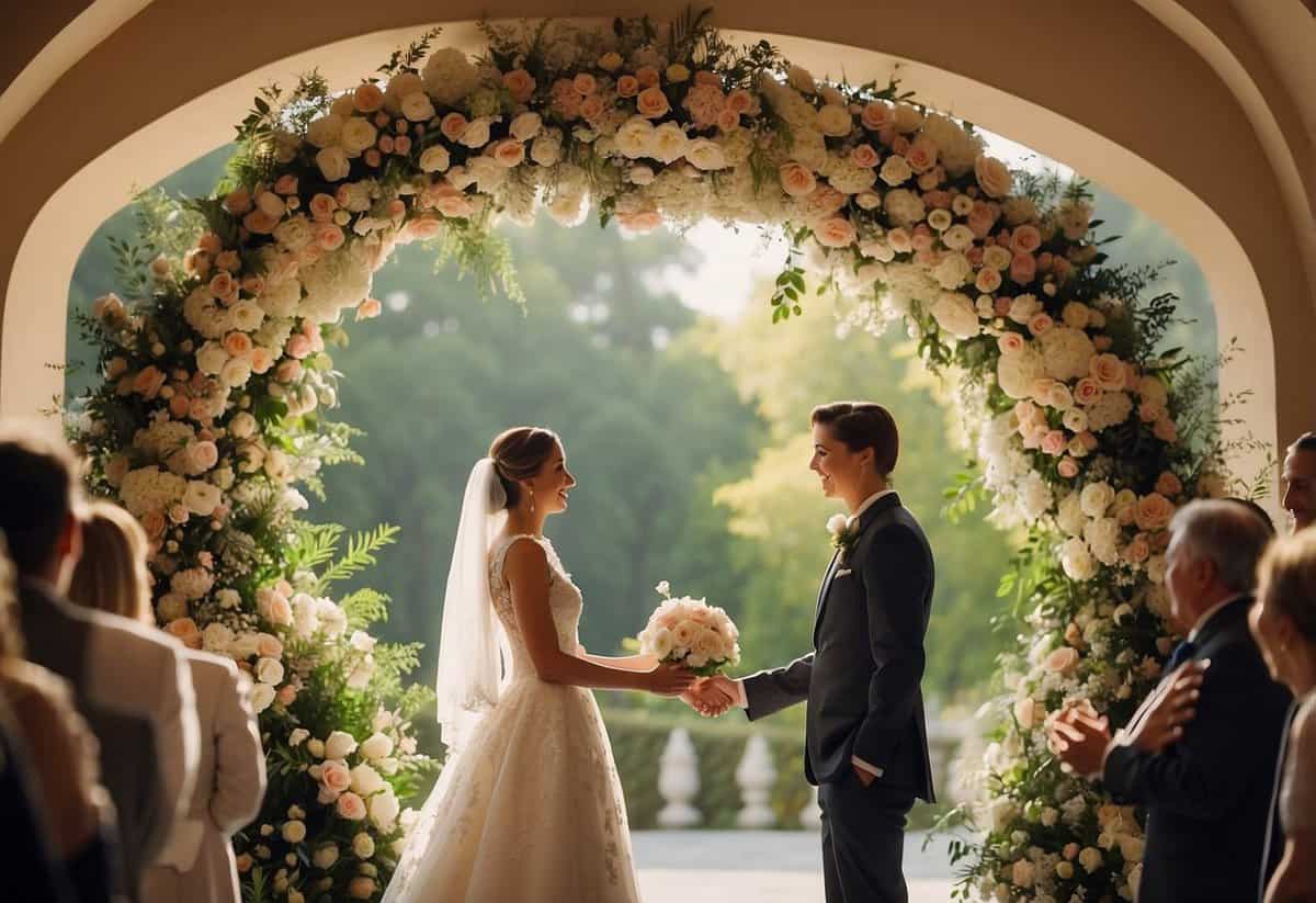 A bride and groom stand beneath a floral arch, exchanging vows. Soft lighting and elegant decor create a romantic atmosphere