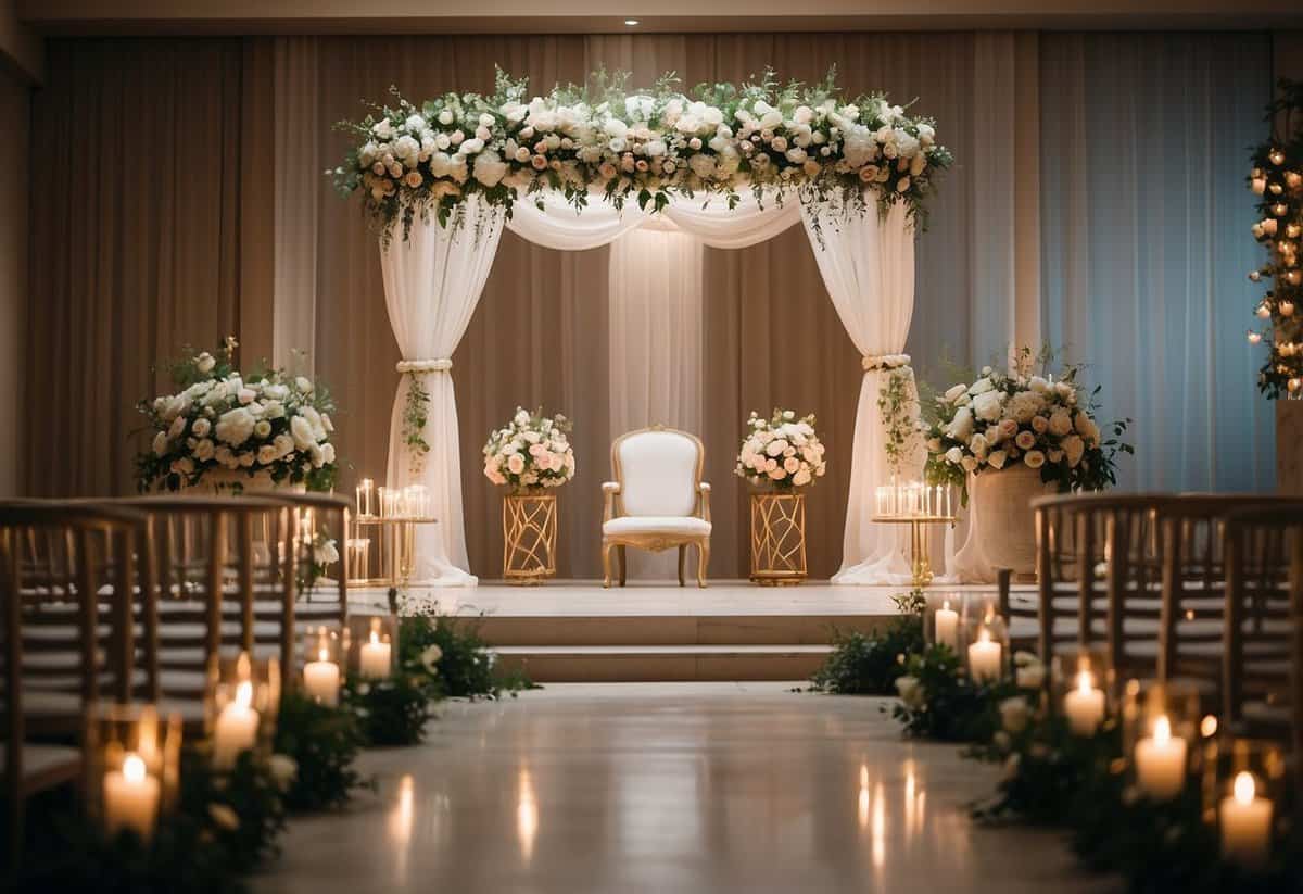 An empty indoor wedding venue with soft lighting, elegant decor, and a beautifully adorned altar, ready for a ceremony
