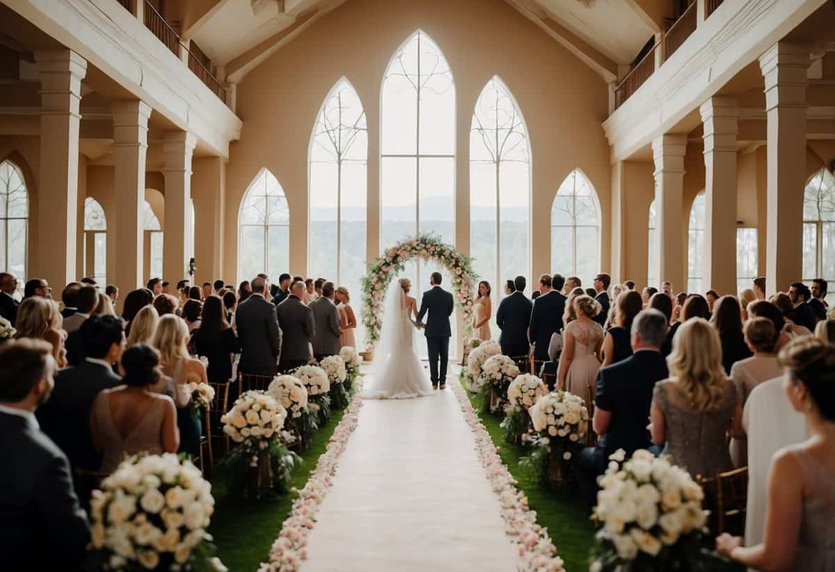 Capture a wide shot of the indoor wedding ceremony from a high angle, showcasing the elegant decor and the couple exchanging vows
