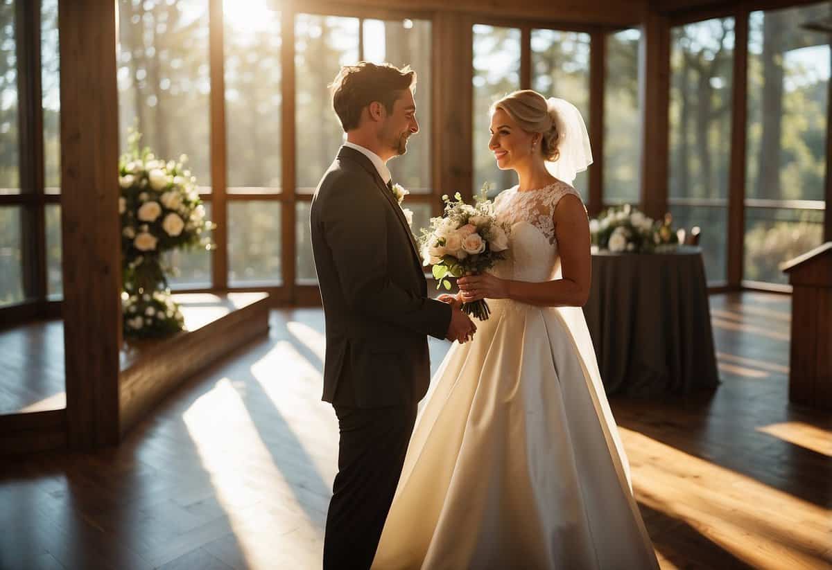 A bride and groom exchange vows in a sunlit room, their reflections captured in polished wood and glass surfaces