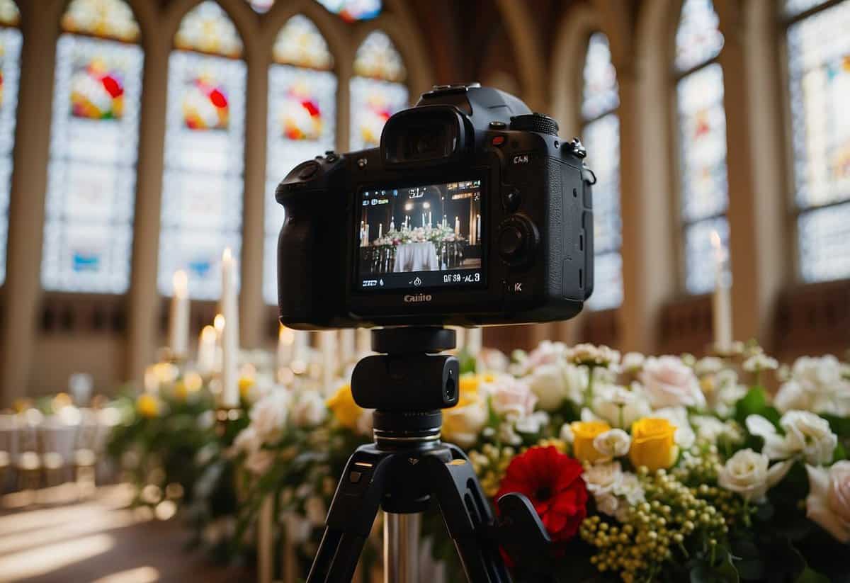 A camera set to RAW format captures an indoor wedding ceremony. Light streams through stained glass windows, illuminating the elegant decor and floral arrangements