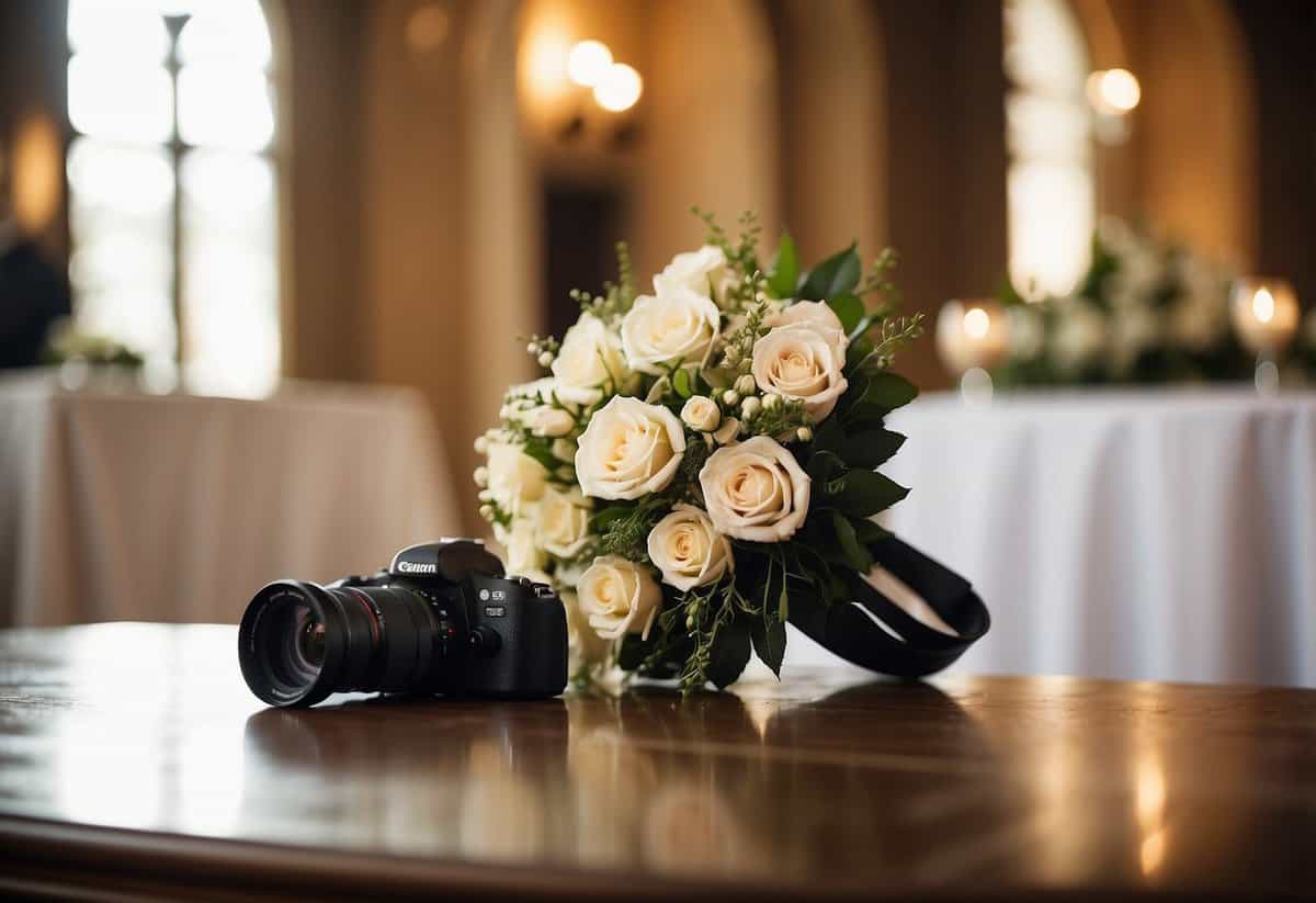 A discreet camera and tripod positioned near the altar, capturing the intimate exchange of vows between the bride and groom