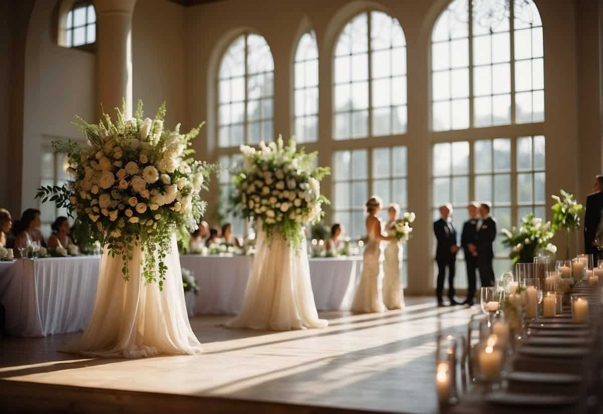 Soft, natural light filters through large windows, casting a warm glow on the elegant indoor wedding ceremony. Subtle shadows add depth and dimension to the scene