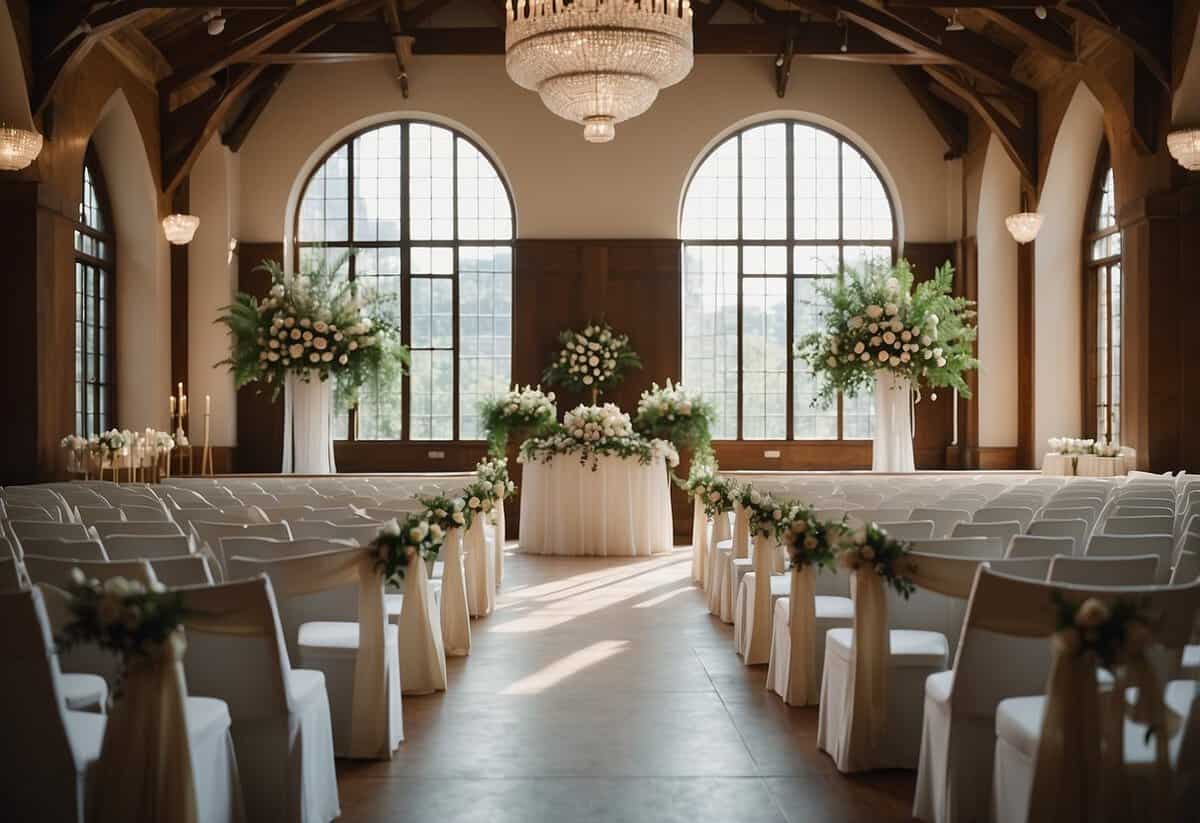 An elegant indoor wedding ceremony with soft, natural lighting, featuring a beautifully decorated altar and rows of chairs for guests