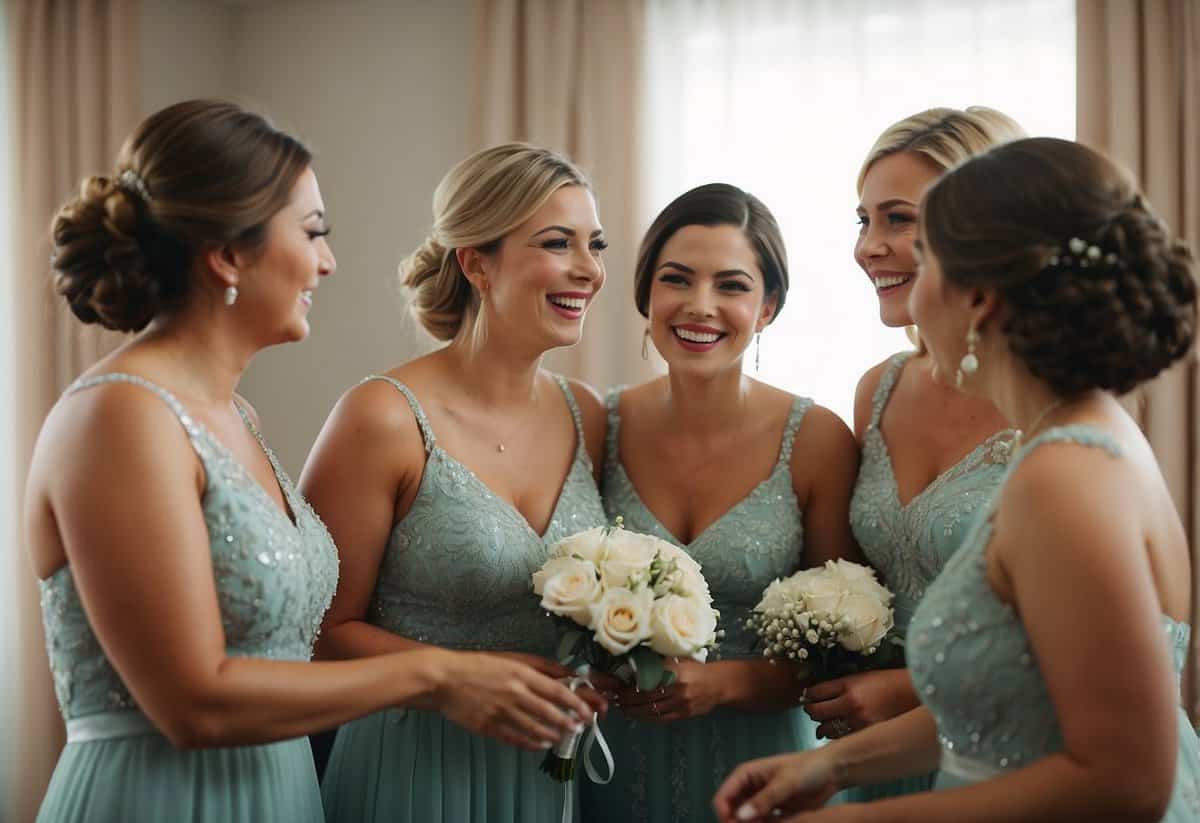 Bridesmaids gather around the bride, helping her with her dress and accessories. They share laughter and excitement as they prepare for the special day