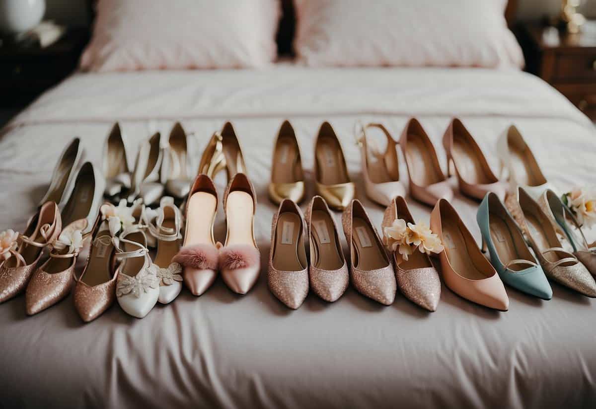 Bridesmaids lay out coordinated dresses, shoes, and accessories on a bed, preparing for the wedding day