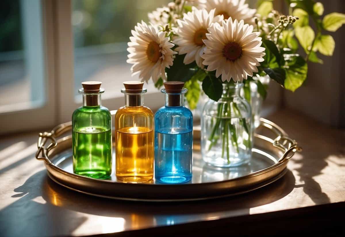 Bottles of water on a decorative tray, surrounded by fresh flowers and elegant glassware. Sunlight streaming through a window, casting a soft glow on the scene