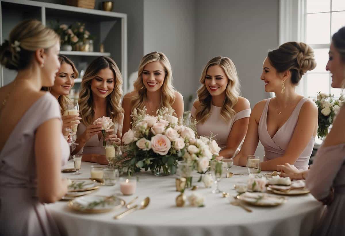 Bridesmaids gather around a table, arranging flowers and accessories. Laughter fills the room as they help each other with hair and makeup