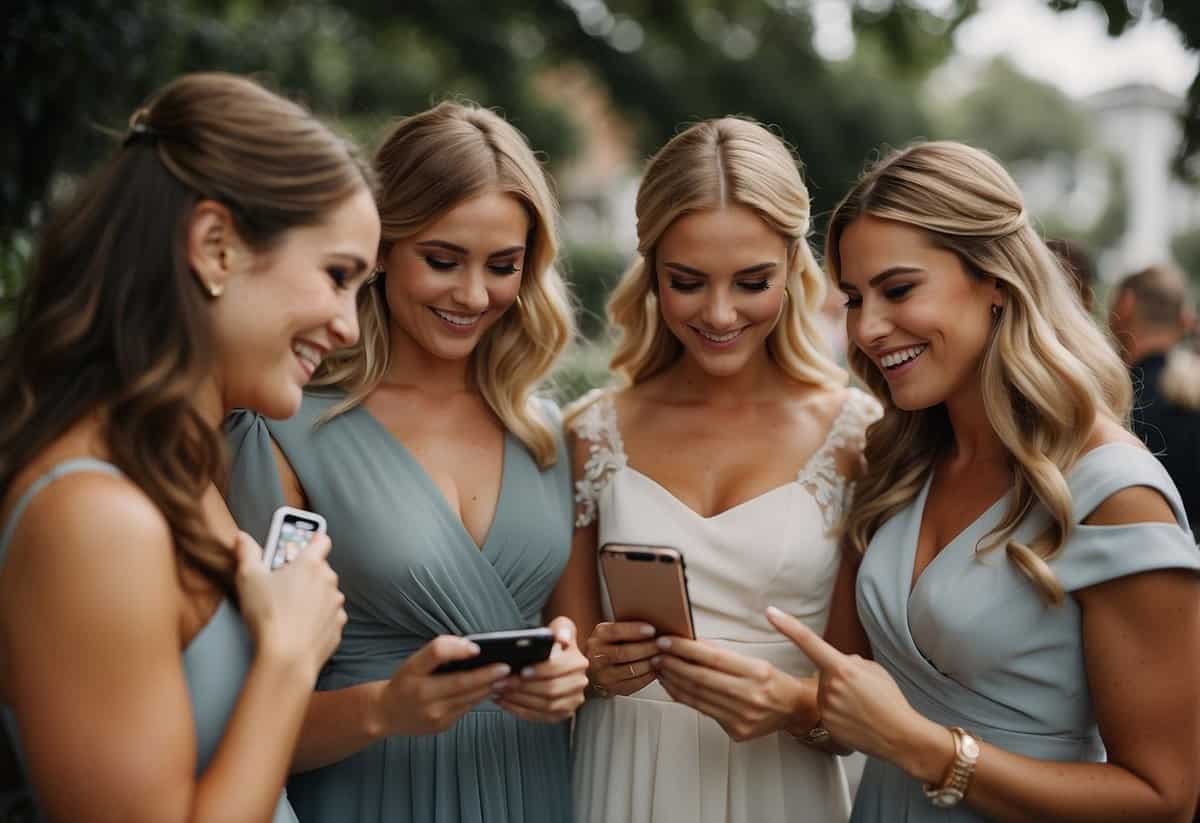 Bridesmaids sharing social media tips, holding phones and laptops, while the bride looks on happily