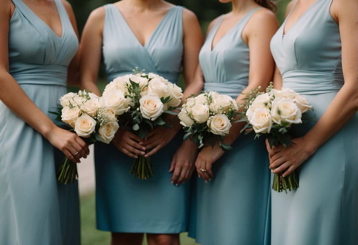 Bridesmaids gather around the bride, offering support and assistance. They hold bouquets and wear matching dresses, creating a sense of unity and camaraderie