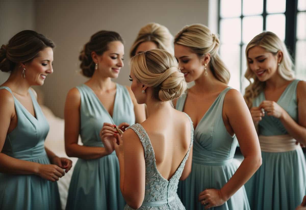 Bridesmaids arranging dresses, adjusting hair, and applying makeup for the wedding day
