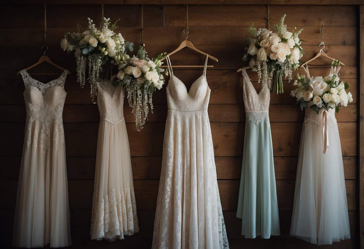 A white lace wedding gown hangs on a vintage wooden hanger, surrounded by delicate floral bouquets and sparkling jewelry