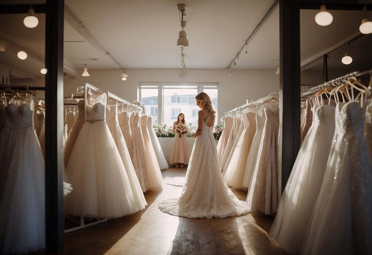 A bride-to-be stands in front of a mirror, surrounded by racks of wedding gowns, carefully considering the venue as she selects her dress