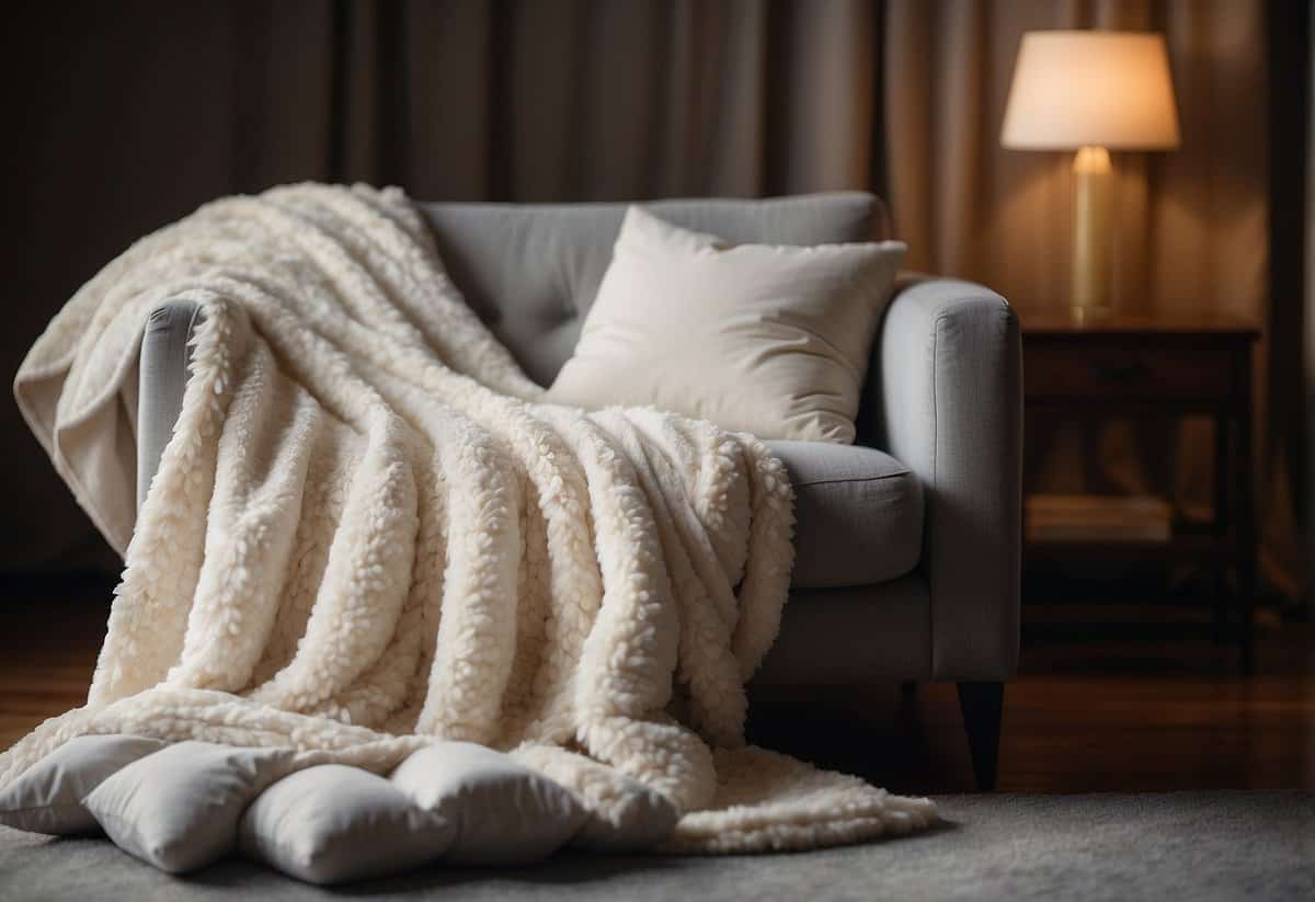 A cozy bridal gown draped over a plush chair, surrounded by soft pillows and a warm throw blanket