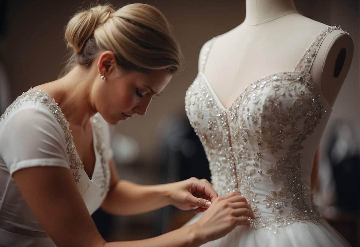 A seamstress pinning a wedding gown on a dress form during a fitting session