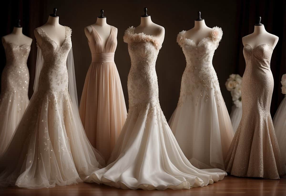 A table with various dress silhouettes and wedding gown tips spread out for research