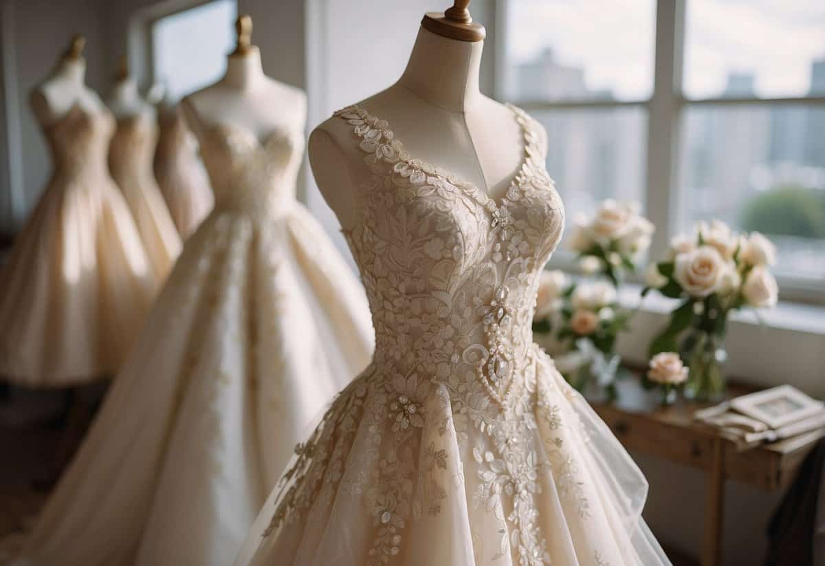 A wedding gown with personalized accessories, such as lace, beads, and embroidery, displayed on a dress form in a bright, airy studio