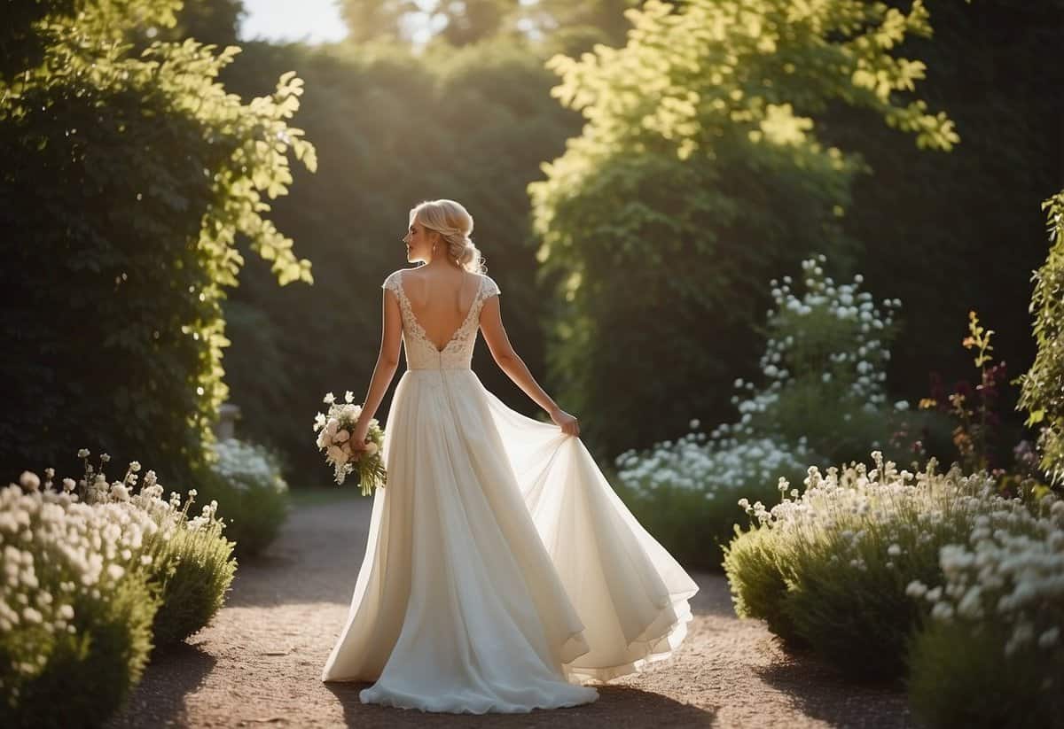 A bride in a flowing white gown walks through a garden blooming with spring flowers, her dress adorned with delicate lace and floral details