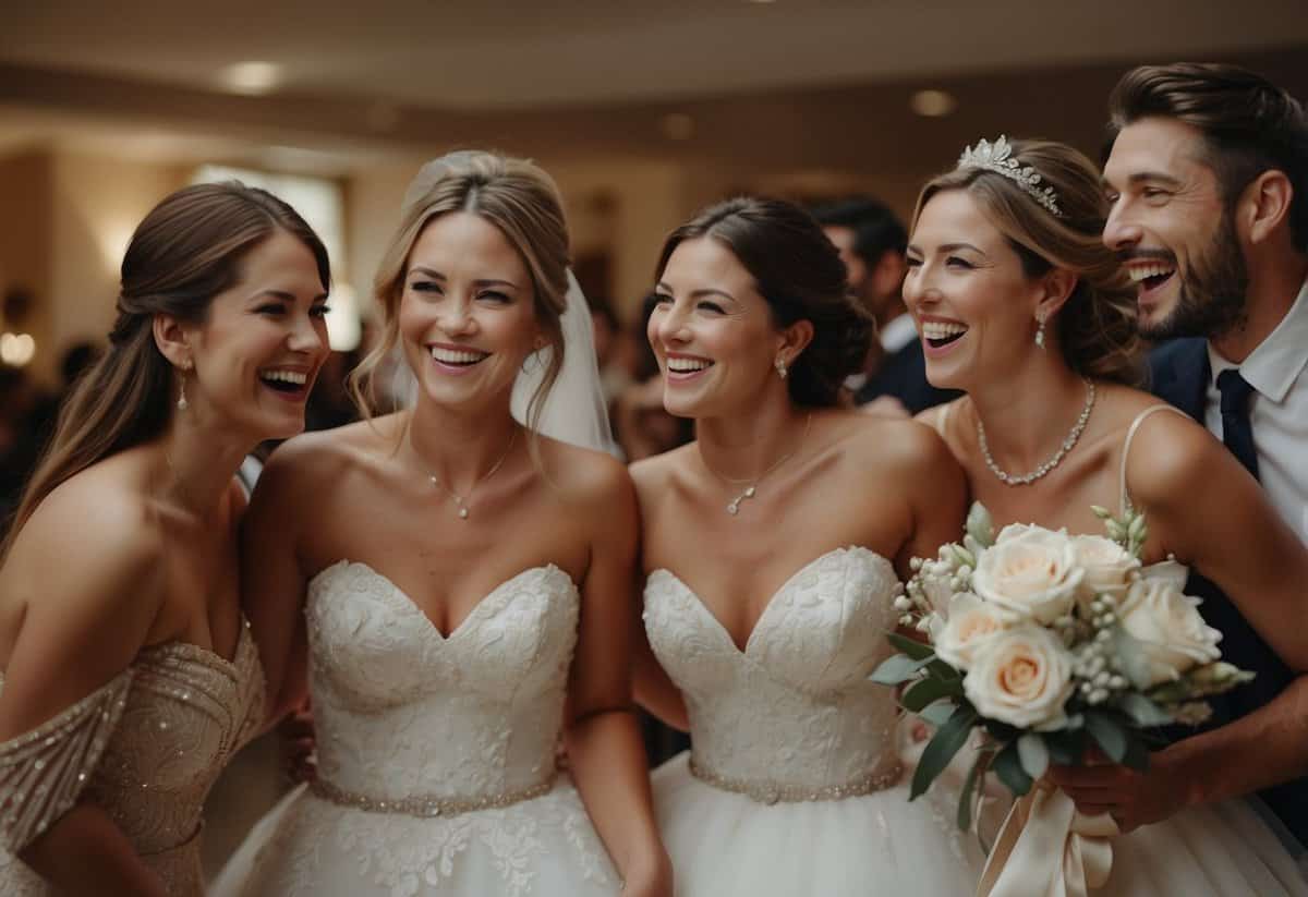Friends and family share wedding gown tips enthusiastically. Smiles, laughter, and animated gestures fill the room