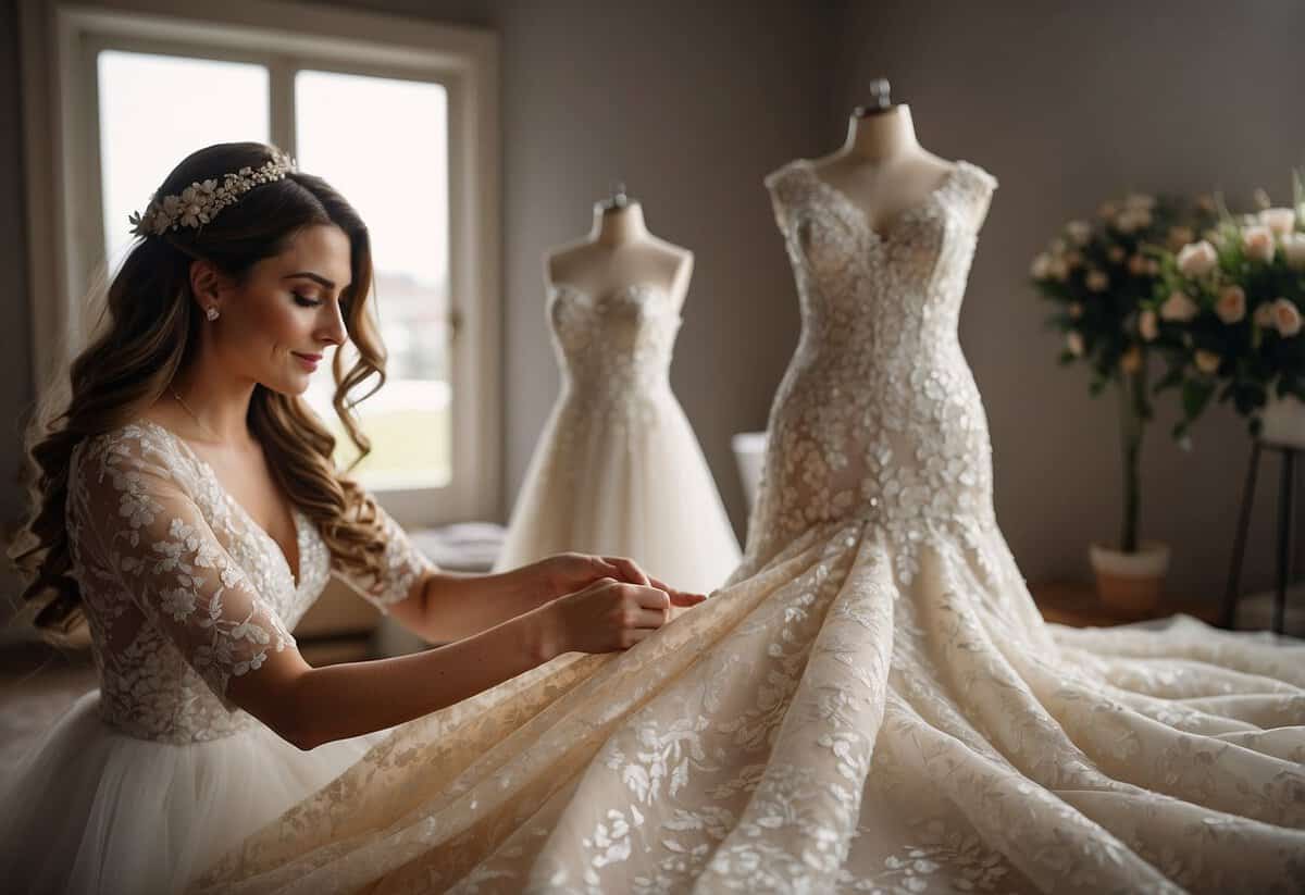 A bride-to-be carefully examines different fabric swatches, comparing textures and colors for her wedding gown