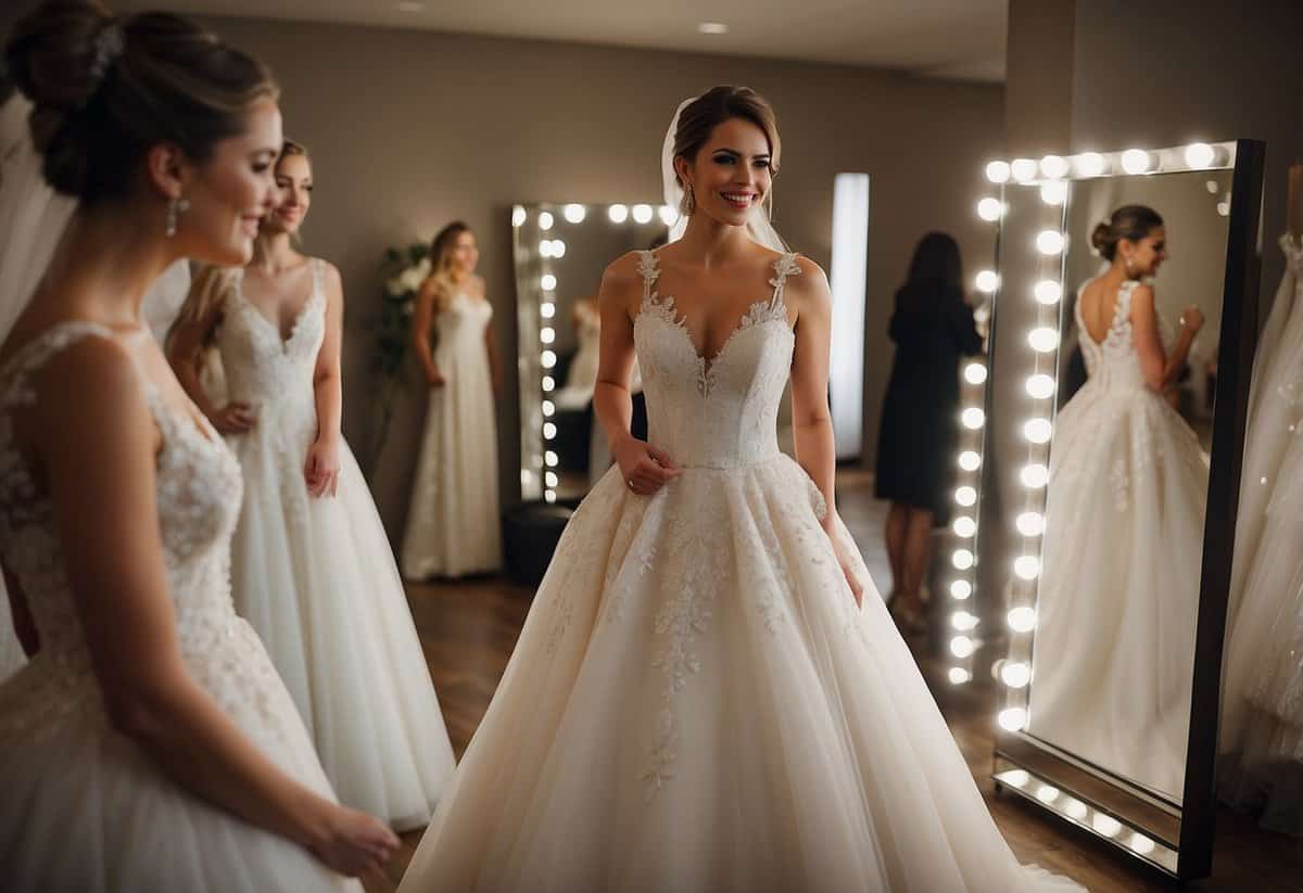 A bride tries on various wedding gowns, with a mirror reflecting her excitement as she finds the perfect fit