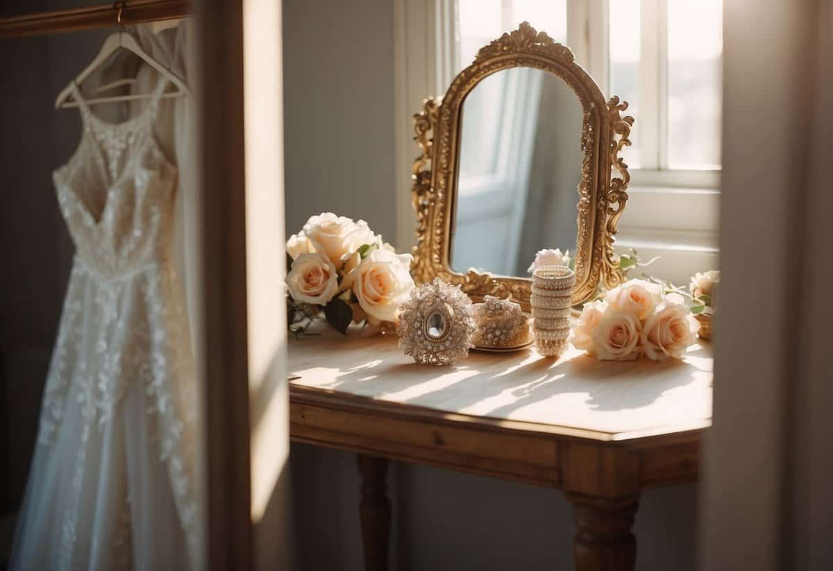 A sunlit room with a table covered in bridal accessories and a mirror reflecting a bride's gown hanging on a door