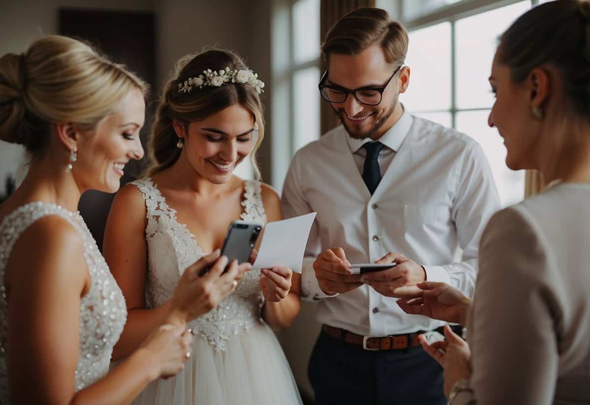 Bridal party members receive tasks list, chat, and prepare for wedding morning